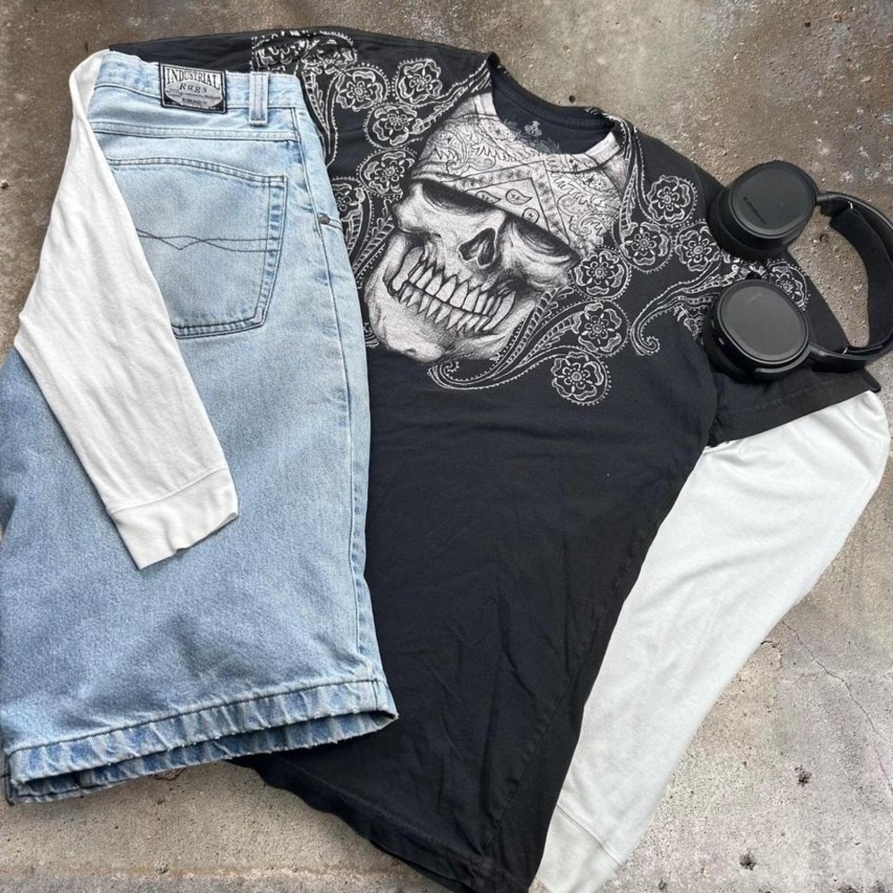 Black Mexican Style Grunge Skull Flower Skater Gothic Tee Mens Size XL